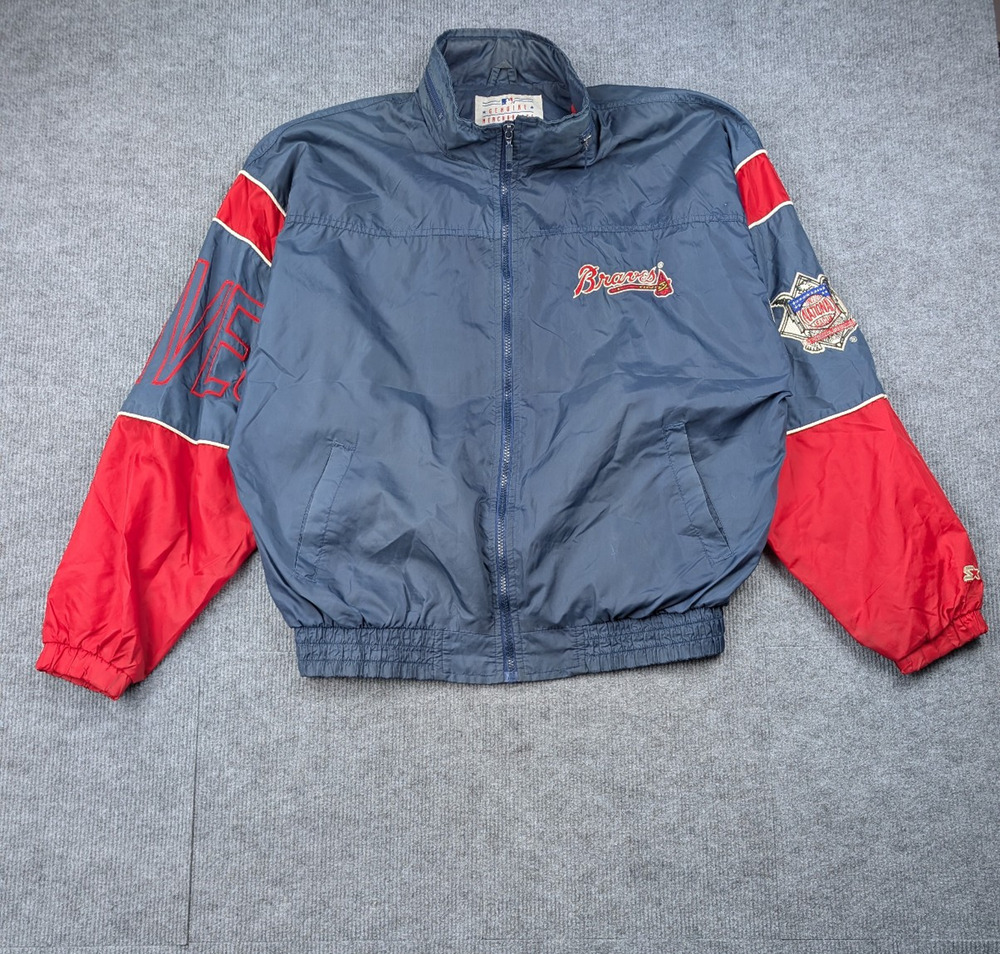 Atlanta Braves Starter Jacket Mens Large Vintage Windbreaker MLB Sports Hood 90s